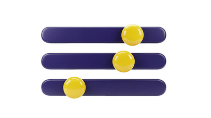 3D Three slider controls with yellow knobs on dark blue bars on transparent background