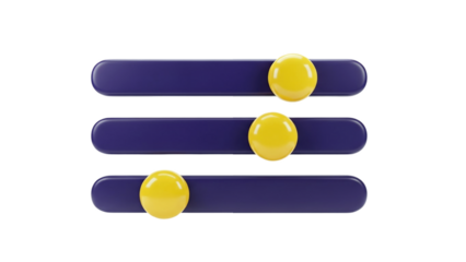 3D Three slider controls with yellow knobs on dark blue bars on transparent background
