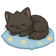Sleepy Kitten's Dream: A charming illustration depicts a serene black kitten peacefully resting on a soft, star-adorned pillow, evoking a sense of calm and contentment.