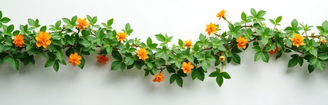 Green vine with orange blooms spreads across clean white backdrop. Lush foliage and bright flowers create natural spring summer border. Botany detail, fresh plant growth, organic decoration element.