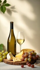White wine bottle and glass sit near assorted cheeses and fresh grapes on a wooden board. Arrangement offers a simple elegant presentation for wine and cheese pairing enjoyment.