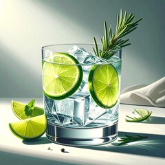 A glass of ice water with lime slices and rosemary on a bright surface, casting shadows