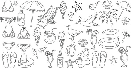 Beach vacation icons with swimsuits, palm trees, and summer drinks