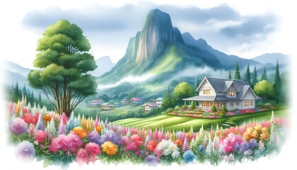 house on mountain and big tree and flower view in water color style