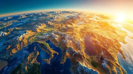 High-angle, detailed view of a portion of Earth's terrain, including mountains, valleys, and bodies of water, lit by a sunrise