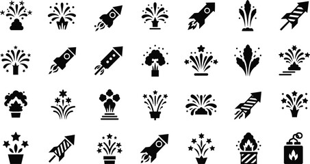 Black icons of fireworks and rockets on white © Crazy Dreamy Boy