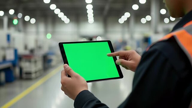 Manufacturing worker uses digital tablet with green screen for efficiency in factory setting inspection tasks
