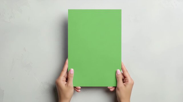 Woman's hands present a vibrant green card, perfect for showcasing your design or message with a modern, clean aesthetic