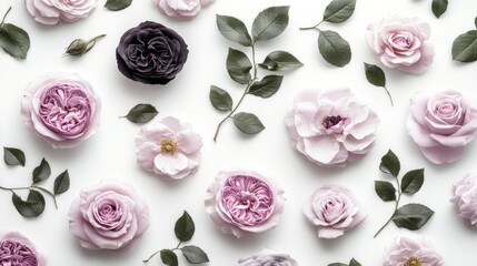 Fototapeta premium Floral pattern of pink and dark roses, leaves, buds on white background