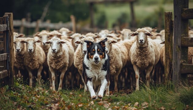 Candid moment of a border collie herding a flock of sheep through a wooden gate