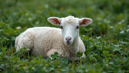 Obraz premium Professional photo of a clean white lamb resting in the soft clover grass