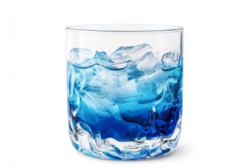 Glass of blue liquid and ice on white background. AI image