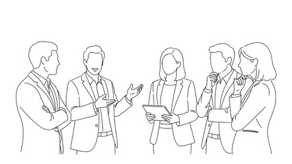 Business Professionals in Discussion with Modern Line Art Style in Monochromatic Color on White Background for Corporate Illustration