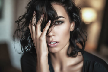 Sensual portrait of a brunette woman with wavy hair partially covering her face. Cinematic lighting highlights her intense gaze and elegant, moody aesthetic