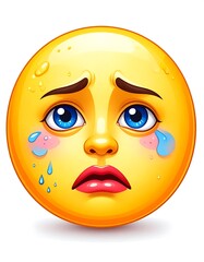 A glossy yellow emoticon is sad, with tears in blue eyes and large eyebrows