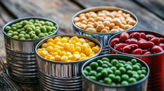 Canned vegetables in various colors, displayed on a rustic wooden surface