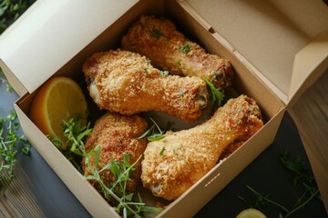 Crispy drumsticks in cardboard box on leafy bed. AI image