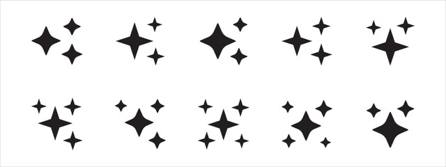 AI spark glyph icon set. Artificial intelligence magic sparkle symbols. Generative AI power effects. Solid star spark variations. Futuristic AI technology icons for UI UX app. © Mutinah