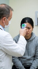 Fototapeta premium Вот метаданные для вашего 234-го изображения.Это актуальный Medical / Healthcare кадр. Сюжет с измерением температуры (temperature check) остается базовым для иллюстрации любых вирусных заболеваний,