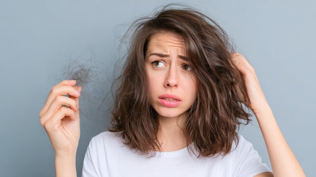 woman very sad and upset looking at damaged hair, hair loss, hair thinning problem, vitamin deficiency, baldness, postpartum, biotin, zinc, menstrual or endocrine disorders, hormonal imbalance