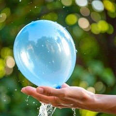 A light blue water-filled balloon held in a hand, with water splashing and a blurry green background
