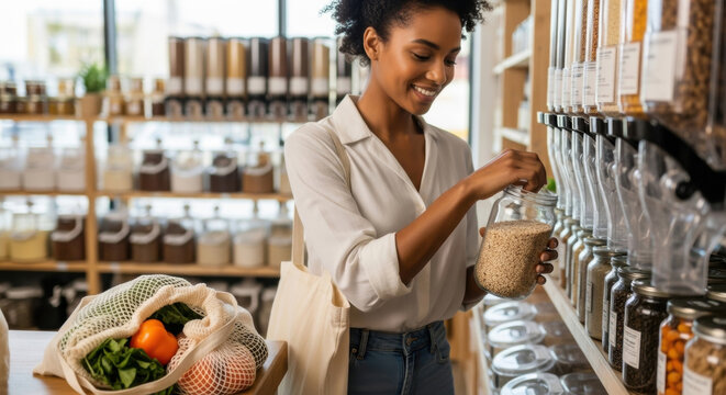 Smiling woman shopping for bulk groceries
