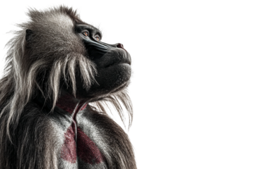 Realistic gelada monkey depiction highlighting soft fur, expressive eyes, and distinctive chest area in natural stance isolated on transparent background PNG
