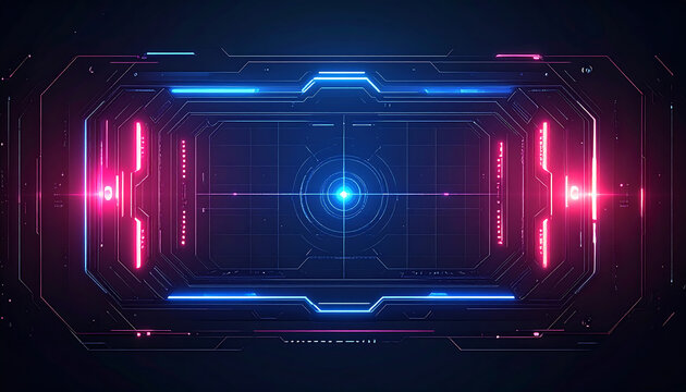 High-tech sci-fi interface with neon blue and magenta lights, abstract HUD display and digital targeting system on a dark background. - Powered by Adobe