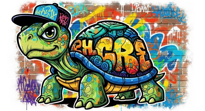 Cartoon reptile character wearing a baseball cap stands against a colorful spray painted brick wall