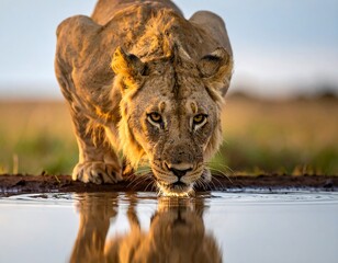 A lioness crouches, eyes intensely focused, as she drinks from a still watering hole on the African plains