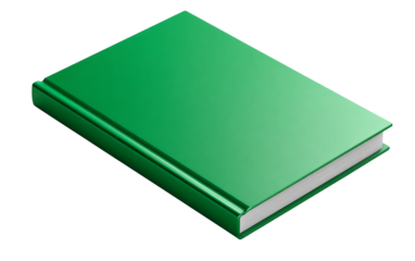 Literary themed green book illustration focused on sleek surface, elegant spine, and visually appealing cover isolated on transparent background PNG