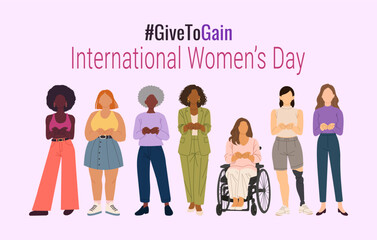 Fototapeta premium A poster for International Women's Day featuring a group of women holding hands. The poster is pink and white and has the hashtag #givetogain