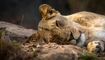 A lioness rests peacefully outdoors, bathed in warm sunlight. Natural setting