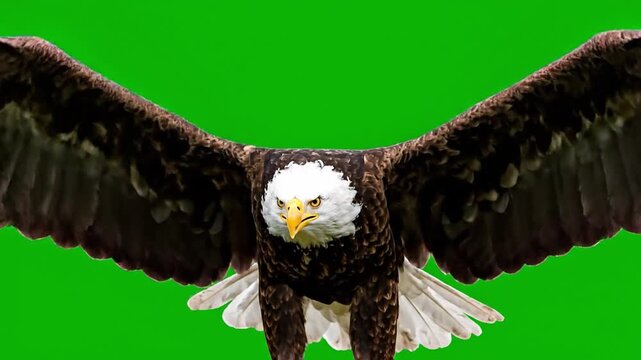 Striking bald eagle in dynamic flight pose, wings fully extended, isolated on a chroma key green background