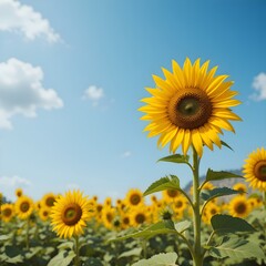 Fototapeta premium “Vast Sunflower Field Under Clear Blue Sky – Endless Yellow Sunflowers Blooming in Summer Landscape, Bright Floral Agriculture Scene, Natural Countryside Background, Rural Farm Nature Photography