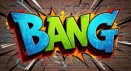 Stylized, colorful onomatopoeia text element displayed prominently on a brick wall background.