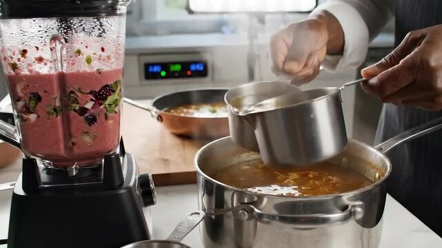 Blending Fruits and Vegetables in Kitchen with Soup Pot Preparing Healthy Meal Preparation Video in Bright Kitchen with