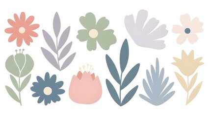 Pastel floral design elements collection featuring stylized flowers and botanical leaves in soft colors, ideal for spring, summer, and nature-themed graphic projects