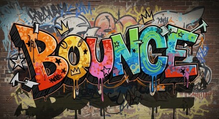 Obraz premium Vibrant, colorful lettering spelling out a common action word is prominently displayed across a textured brick wall covered in layered street art