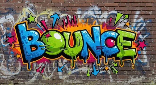 Colorful stylized word mural prominently displayed on a weathered brick wall surface