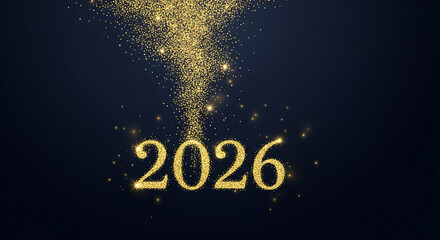 Golden particles exploding from shiny 2026 text on dark background, symbolizing celebration and new year