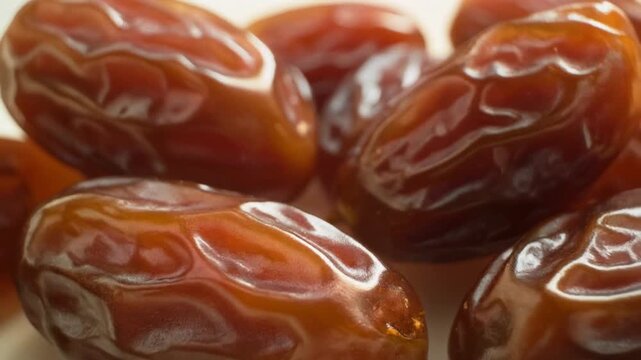 Macro pull-back of glossy, fibrous dates on a warm white background. High-detail food texture and natural lighting.