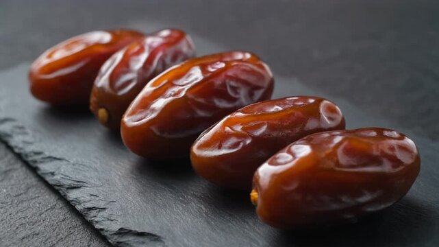 Premium dates arranged on dark textured slate stone. Elegant side lighting highlighting glossy texture and shadows.