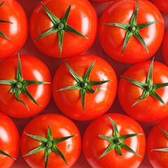A pattern of ripe red tomatoes with green stems, arranged in neat rows, from a top-down perspective