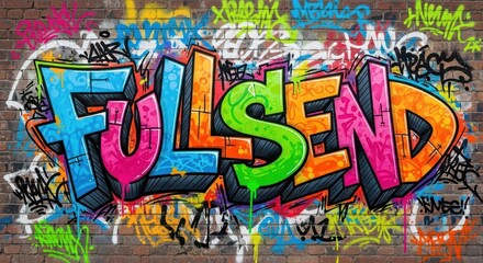 Obraz premium Vibrant, three-dimensional graffiti lettering covers an aged brick wall surface.