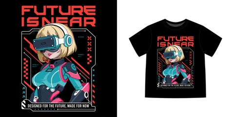 Cyberpunk anime t-shirt, ideal for poster, urban branding and futuristic graphic design, vector illustration