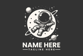 Vector illustration of an astronaut floating on a white planet icon with stars and planets on a black background, featuring a logo template with placeholder text. © vectorvovdesign
