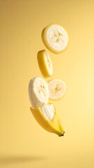 A peeled banana and slices float against a yellow backdrop, creating a vibrant and dynamic composition