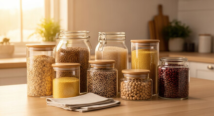 Assortment of dry goods in glass jars on kitchen counter