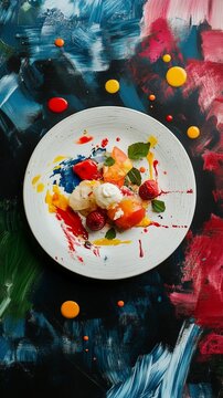 A dish featuring food platd to mimic abstract art brshstrokes, isolated on a pinter&rsquo;s palette surface
